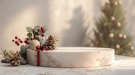 A festive stone podium adorned with holiday decorations, including pine cones, red berries, and a Christmas ornament, perfect for product displays.