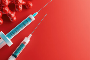 Syringes and a model of a virus on a vibrant red background, symbolizing vaccination and medical advancements in combating infectious diseases.