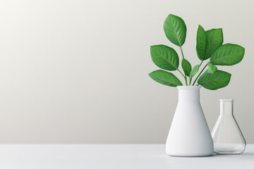 Eco-friendly arrangement, a white vase filled with vibrant green leaves beside a glass flask featuring a recycling symbol, symbolizing sustainability and nature-inspired design.