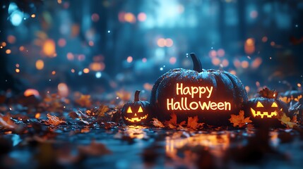 Festive Halloween scene with carved pumpkins glowing in the dark, surrounded by autumn leaves and sparkling lights. Perfect fall ambiance.