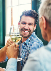 Man, mature father and toast with wine, smile and congratulations with celebration. Family, dinner and cheers with lunch, drinks and bonding with retirement and success and alcohol for reunion
