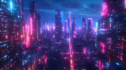 Obraz premium A futuristic urban landscape at night with glowing neon lights and reflective surfaces