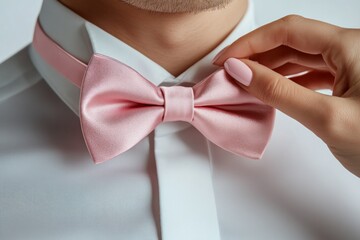 a person with pink tie, woman's hand is trying to fix the tie., 