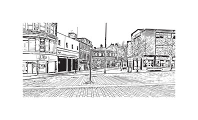 Print Building view with landmark of Hanley is the town in England. Hand drawn sketch illustration in vector.