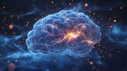 A glowing blue brain against a cosmic backdrop, symbolizing intelligence and creativity.