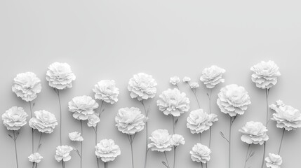 An abstract background featuring white carnations arranged in a delicate pattern against a light gray backdrop
