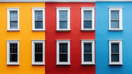 Fototapeta premium A vibrant row of old but beautifully restored houses, each painted in distinct bright colors including yellow, red, and blue, highlights urban architectural beauty.