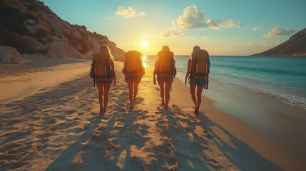 Four adventurers with backpacks walk along a sandy beach at sunset, with calm seas and rocky hills framing the tranquil scene