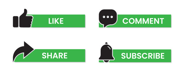 set of likes, comments, share, subscribe, button