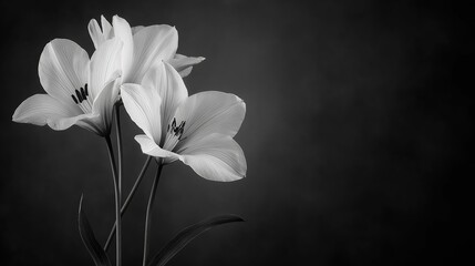 Fototapeta premium A black and white image of three white freesia flowers against a dark, abstract background with ample copy space
