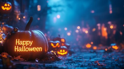 Glowing jack-o'-lantern with 'Happy Halloween' carving illuminates a spooky, foggy night with other pumpkins in the background.