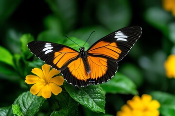 Obraz premium Butterfly in a tropical garden, captured in a photo where the bright, iridescent wings of the butterfly stand out against lush, green foliage