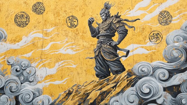 Stucco mural of the Monkey King standing on a golden mountain, with grey clouds swirling around him and traditional Chinese symbols in the sky