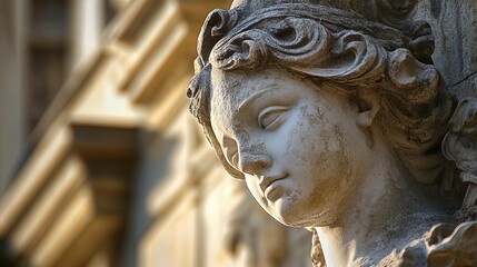 Timeless Elegance: Classical Sculpture Fragment with Pensive Expression – Ideal Poster for Sports Interiors and Artistic Spaces, Highlighting Contrast of Light Amidst Historic Architecture