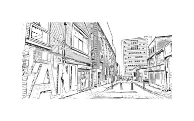 Print Building view with landmark of Hanley is the town in England. Hand drawn sketch illustration in vector.