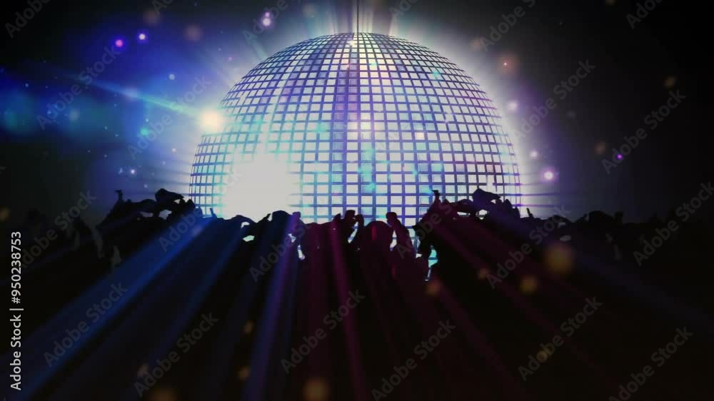 Poster Silhouetted crowd dancing under disco ball with colorful lights animation