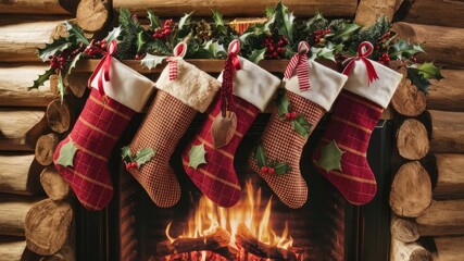 Christmas stockings hanging by a fireplace on a natural wood background