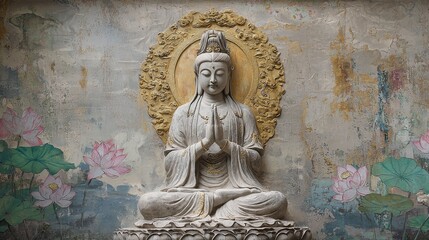 Stucco mural showcasing the Guanyin in a golden temple, with grey mist and lotus flowers surrounding her in a serene Chinese style