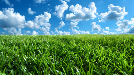 Fototapeta premium Fresh grass and beautiful meadow in nature against cloudy blue sky with clouds