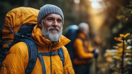 Obraz premium An elderly male traveler with a backpack explores the beauty of the forest