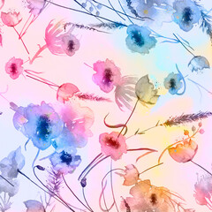 Watercolor seamless pattern, background with a floral pattern. vintage drawings of plants, flowers,branch, berry. Wild plant, grass. A beautiful branch with rose hips, lingonberries. Autumn pattern.