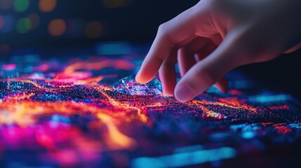 A hand is touching a colorful screen with a city view