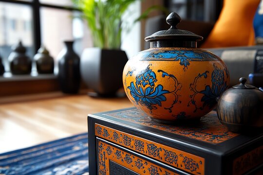 Antiques in a serene, peaceful environment, captured in a photo where the objects are arranged in a way that creates a sense of calm and contemplation
