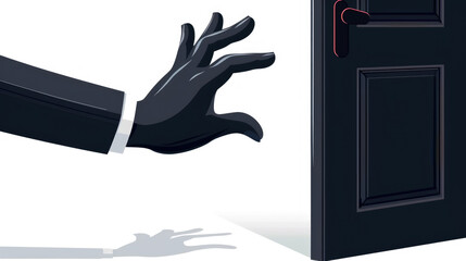 Obraz premium A gloved hand extends towards a sleek, dark door, creating an atmosphere of intrigue and suspense as twilight casts soft shadows