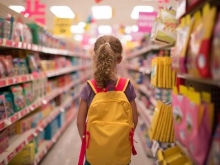 Young Girl with Blonde Curly Hair Shopping for Back-to-School Supplies in Busy Store Aisle Filled with Parents and Children, Bright Sale Signs and Displays, Daytime, Excited Mood