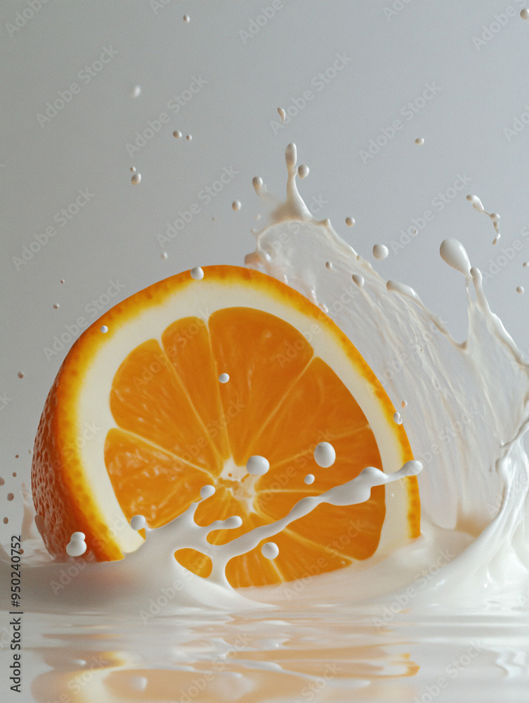 Poster Orange Slice Splashing in Milk