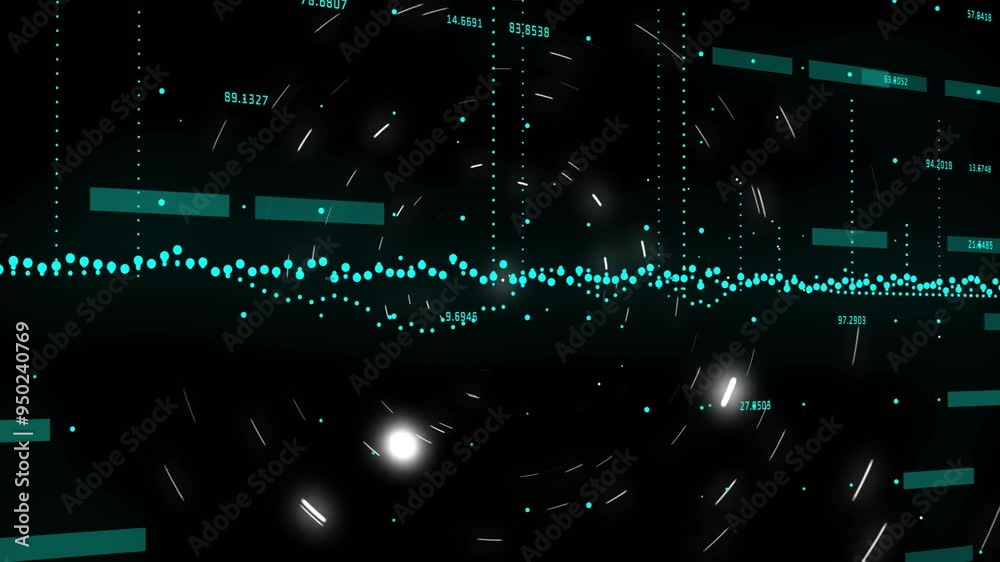 Poster animating data points and numerical values over dark background with glowing particles