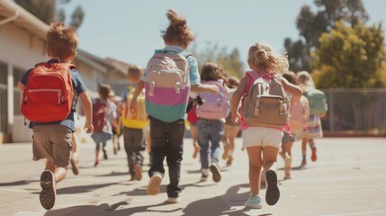 Excited Diverse Group of Children Running Towards School Entrance With Colorful Backpacks for Back to School Joy