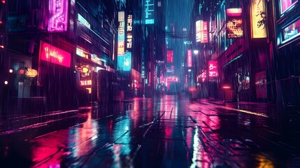 Obraz premium A neon-lit street in a futuristic city with rain-soaked surfaces reflecting the glow