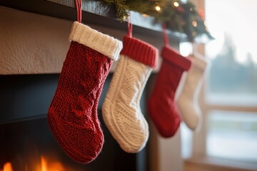 Knitted Christmas stockings hanging by the fireplace