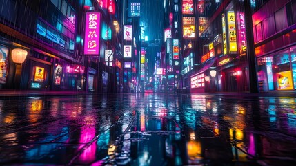 Obraz premium A futuristic urban landscape with glowing neon signs and wet streets reflecting the lights