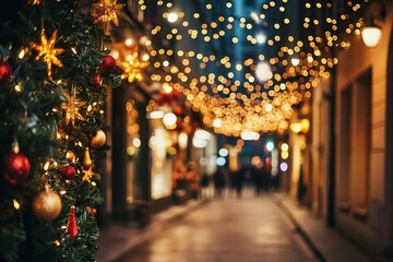 Christmas lights and decorations in city alleyway