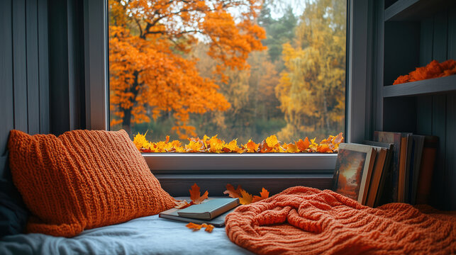 Home interior with cozy leisure area beside window with view on nature in autumn. Windowsill with blanket, cushions and paper book. Enjoy weekend morning, generative ai