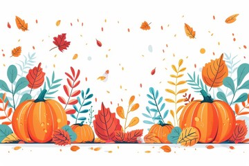 Autumn leaves with pumpkins, harvest season, flat design illustration.