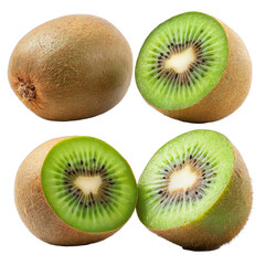 Fototapeta premium Image of four kiwi fruits on black background: two whole at top, two halved at bottom in grid pattern. Fruits in different poses for dynamic look