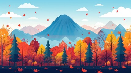 Colorful trees with a mountain backdrop, scenic autumn, flat design illustration.