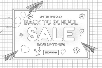 Vector illustration of a Back to School Sale flyer designed for kids to color, featuring paper planes, hearts, and grid patterns.