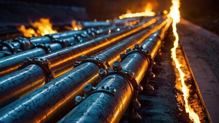 Closeup of illuminated industrial pipelines with burning flames at dusk 