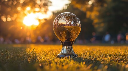 Golden Soccer Trophy in Grass at Sunset
