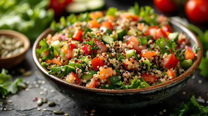 Bowl of quinoa salad with mixed vegetables and a sprinkle of seeds