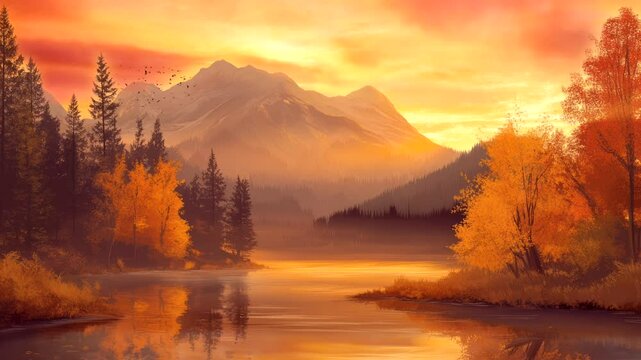 Golden sunrise over a tranquil lake surrounded by autumn trees. Seamless looping 4k time-lapse video background