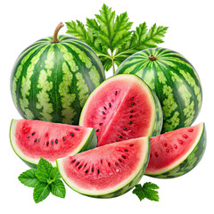A group of watermelons, some whole and some cut, are arranged on a black background with green leaves