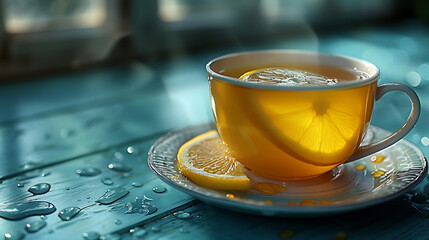 Cup of green tea with a lemon wedge on the side