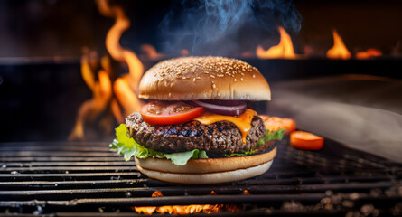 A close-up of a fresh burger being prepared. The burger features a juicy patty, fresh lettuce, tomato slices and melted cheese, all coming together on a bun.