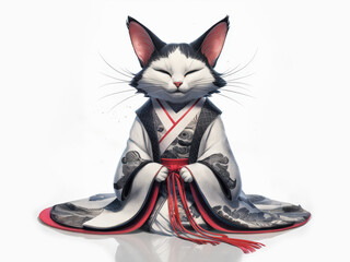 Cute Japanese Cat in Traditional Kimono with Eyes Closed and Paws Together.