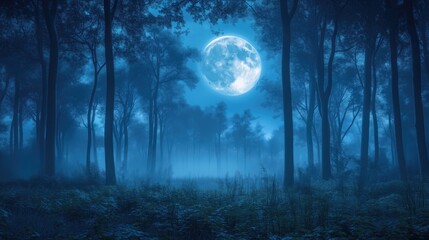 full moon in dark woods at night, dark fantasy halloween background, generative ai